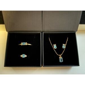 Aquamarine jewelry set necklace earring bracelet ring 6.5 yellow gold tone [C2]